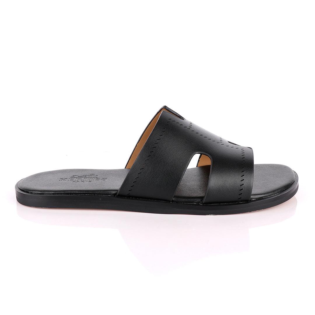Hermes Paris Black Pattern Design Black Leather Slippers - Obeezi