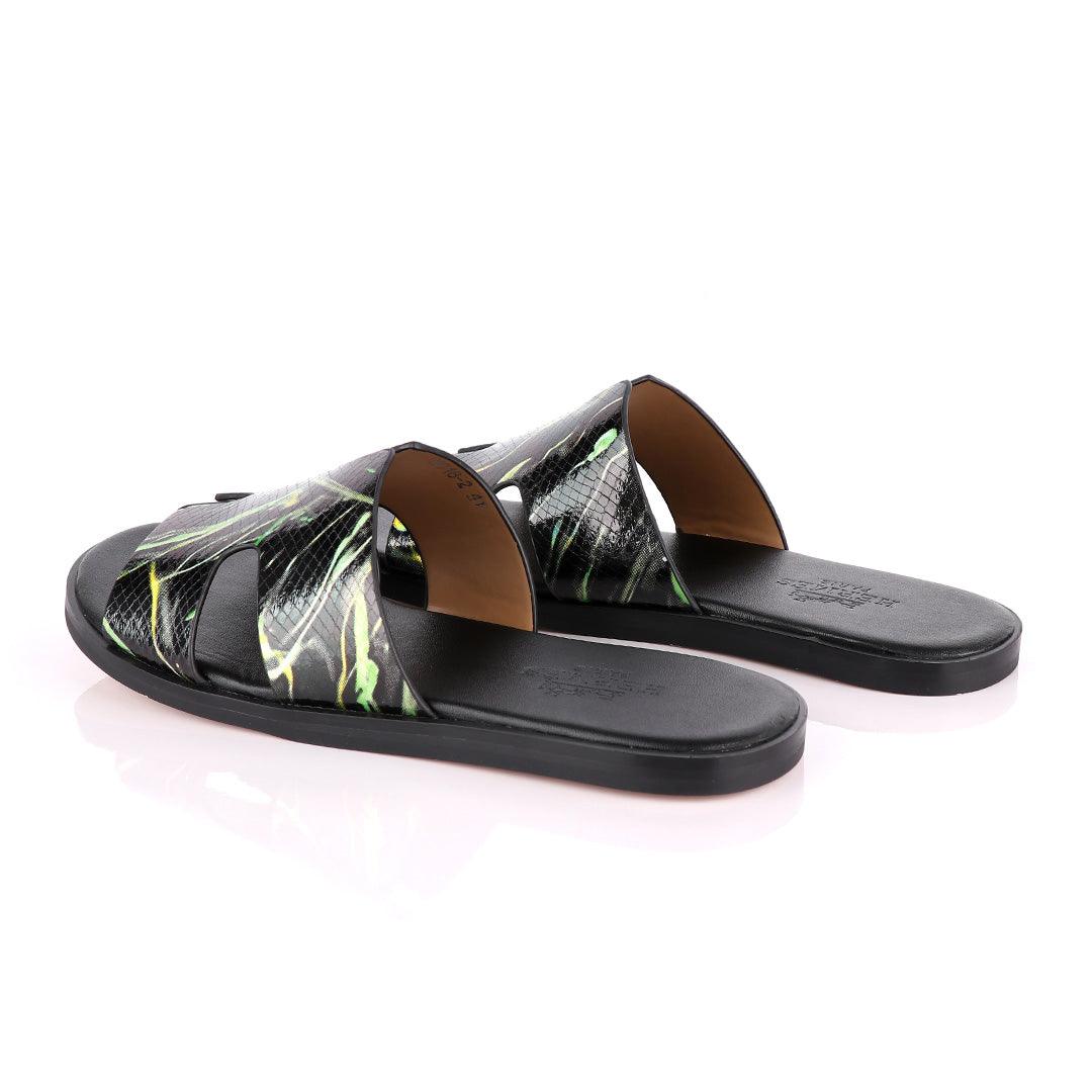 Hermes Paris Black With Green and Yellow Shining Leather Slippers - Obeezi