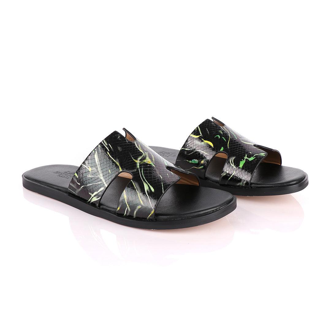 Hermes Paris Black With Green and Yellow Shining Leather Slippers - Obeezi