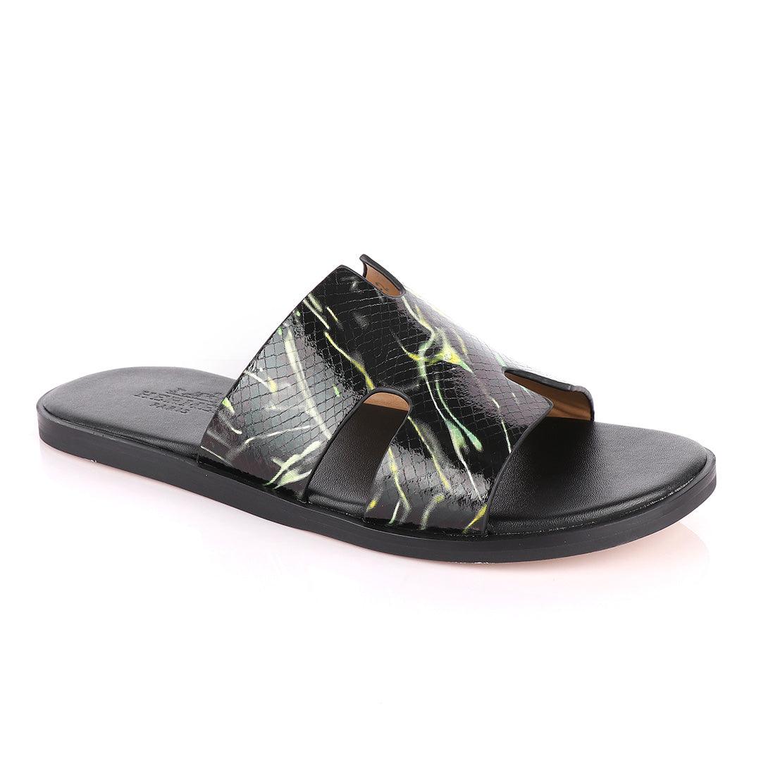 Hermes Paris Black With Green and Yellow Shining Leather Slippers - Obeezi