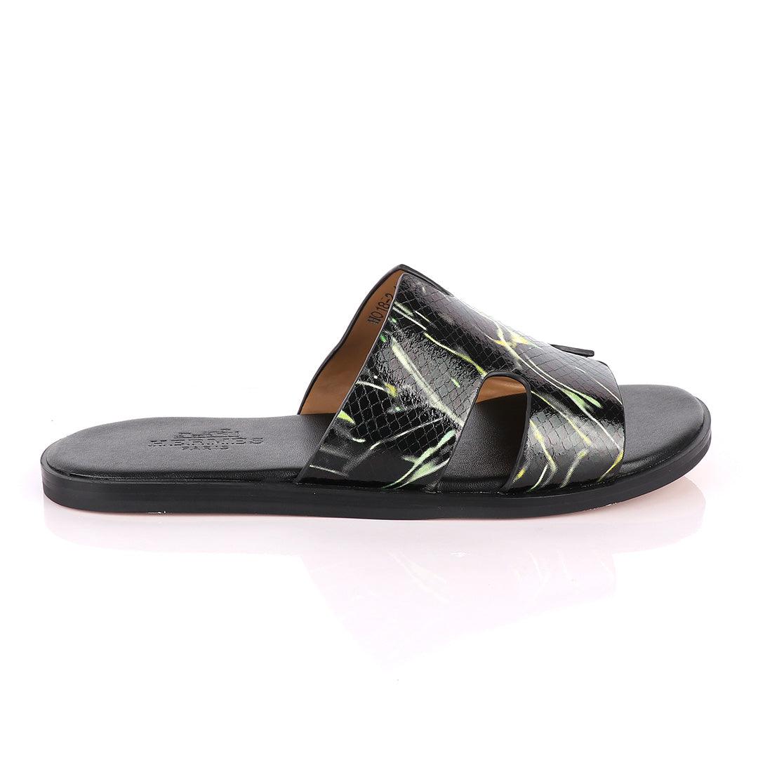 Hermes Paris Black With Green and Yellow Shining Leather Slippers - Obeezi