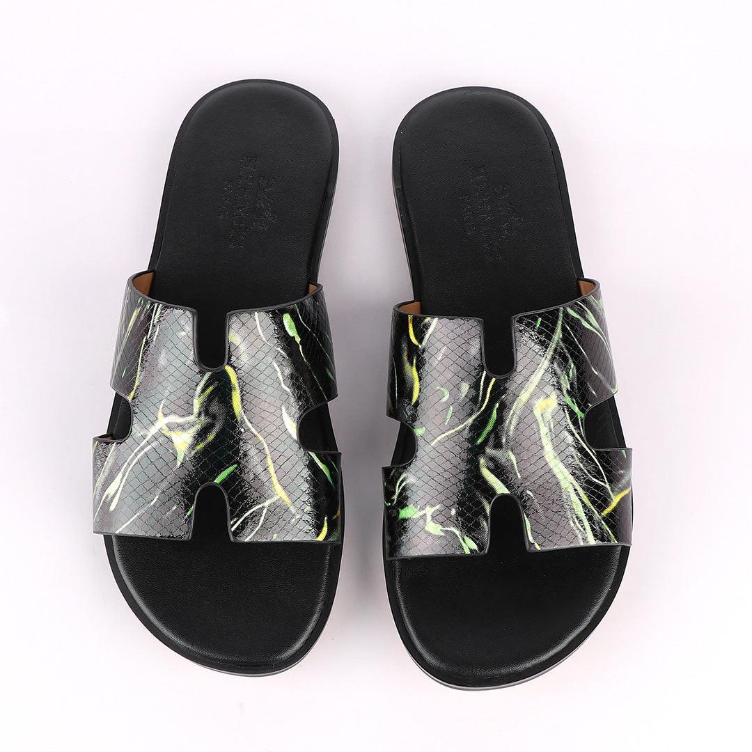 Hermes Paris Black With Green and Yellow Shining Leather Slippers - Obeezi
