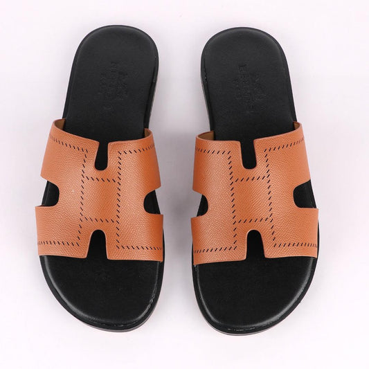 Hermes Paris Brown Black Pattern Design Leather Slippers - Obeezi