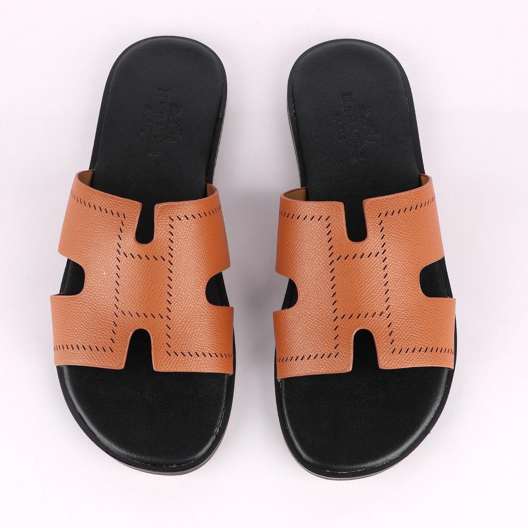 Hermes Paris Brown Black Pattern Design Leather Slippers - Obeezi