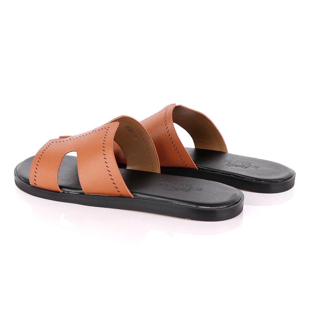 Hermes Paris Brown Black Pattern Design Leather Slippers - Obeezi