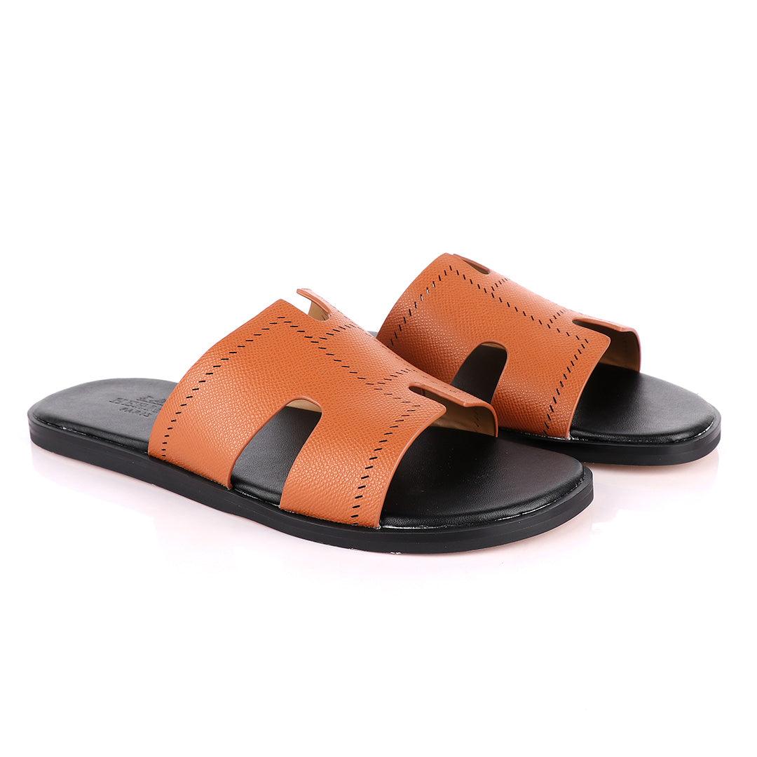 Hermes Paris Brown Black Pattern Design Leather Slippers - Obeezi