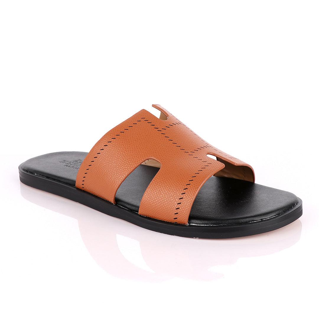 Hermes Paris Brown Black Pattern Design Leather Slippers - Obeezi