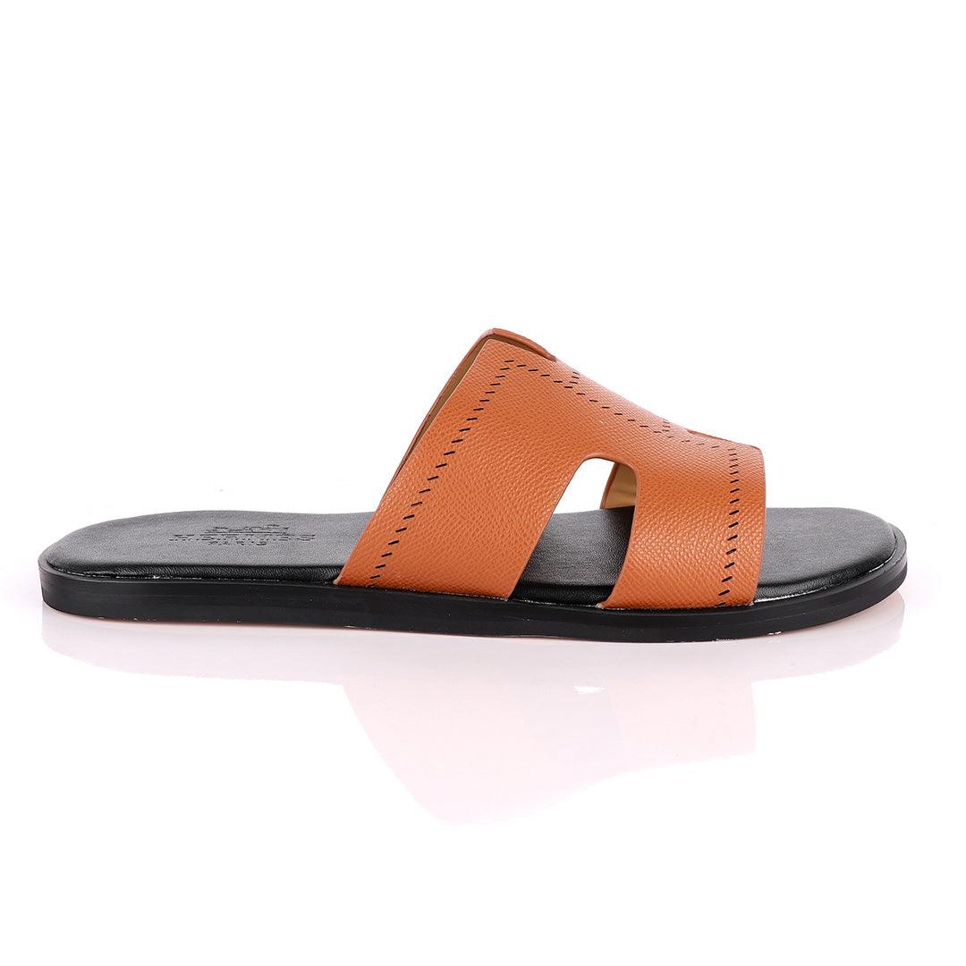 Hermes Paris Brown Black Pattern Design Leather Slippers - Obeezi