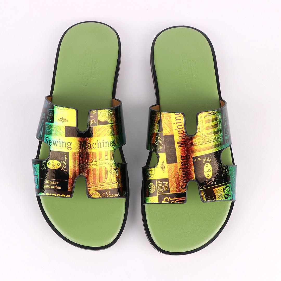 Hermes Paris Chameleon Green Design Leather Slippers - Obeezi