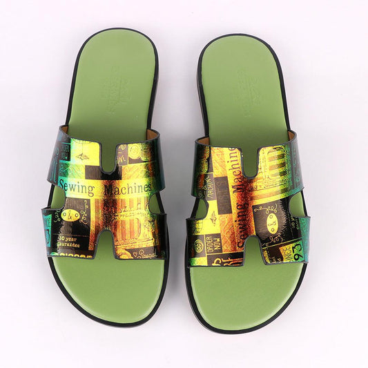 Hermes Paris Chameleon Green Design Leather Slippers - Obeezi