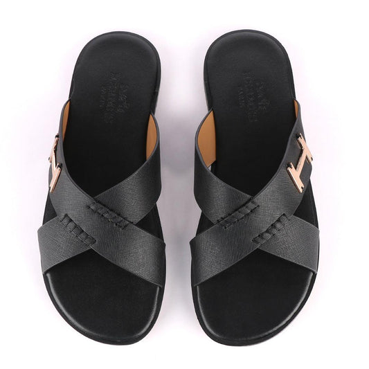 Hermes Paris Cross Strap Black Leather Slippers - Obeezi