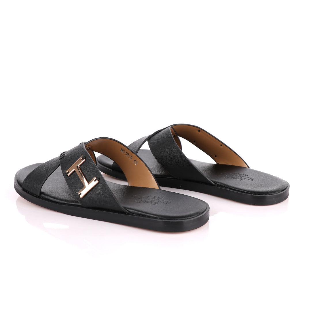Hermes Paris Cross Strap Black Leather Slippers - Obeezi
