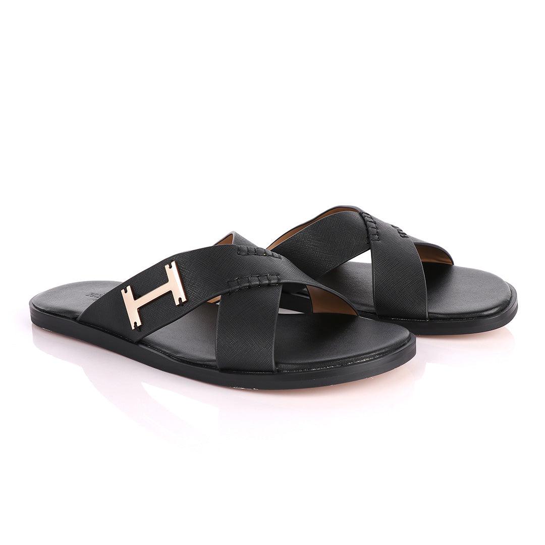 Hermes Paris Cross Strap Black Leather Slippers - Obeezi