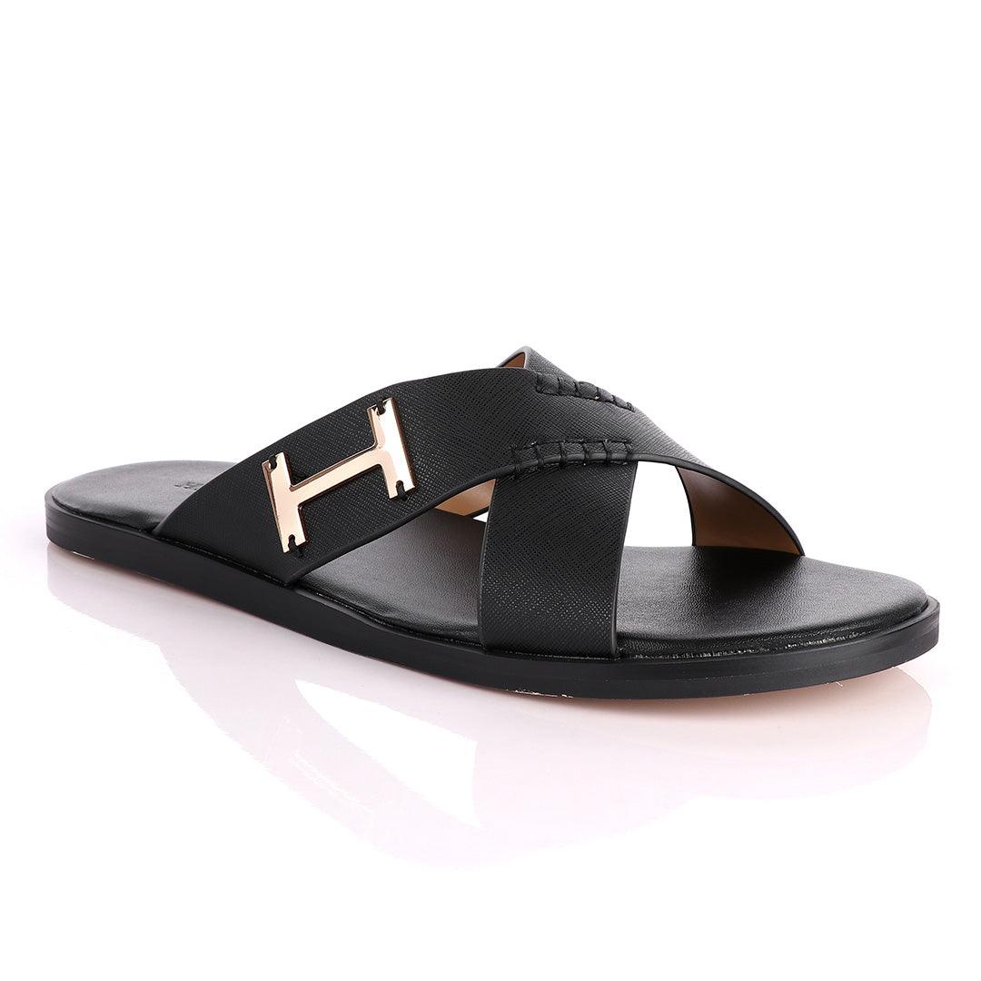 Hermes Paris Cross Strap Black Leather Slippers - Obeezi