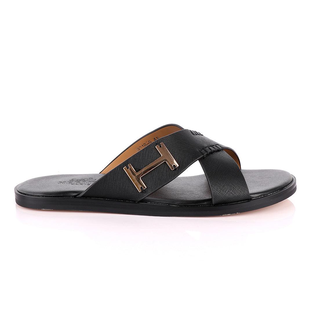 Hermes Paris Cross Strap Black Leather Slippers - Obeezi