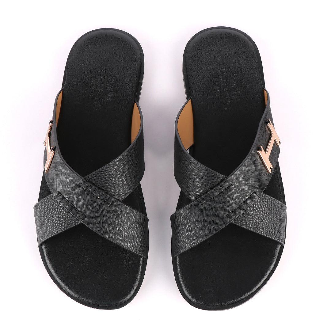 Hermes Paris Cross Strap Black Leather Slippers - Obeezi