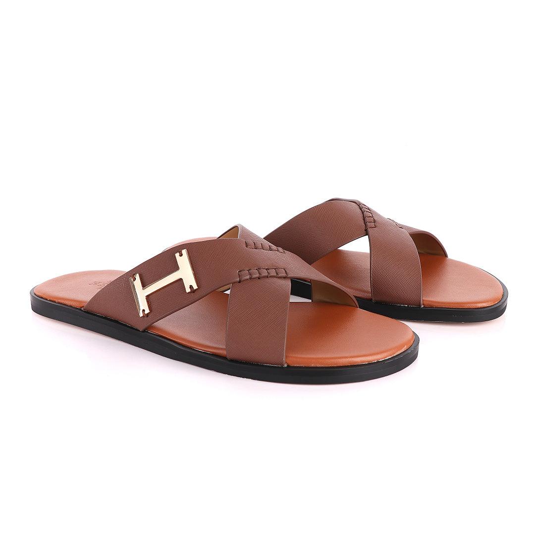 Hermes Paris Cross Strap Brown Leather Slippers - Obeezi
