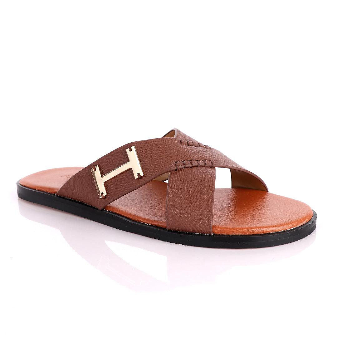 Hermes Paris Cross Strap Brown Leather Slippers - Obeezi