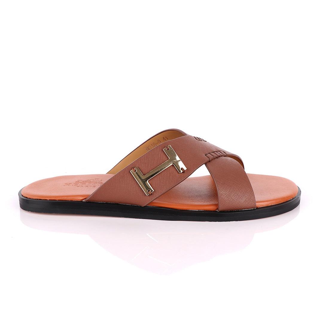 Hermes Paris Cross Strap Brown Leather Slippers - Obeezi