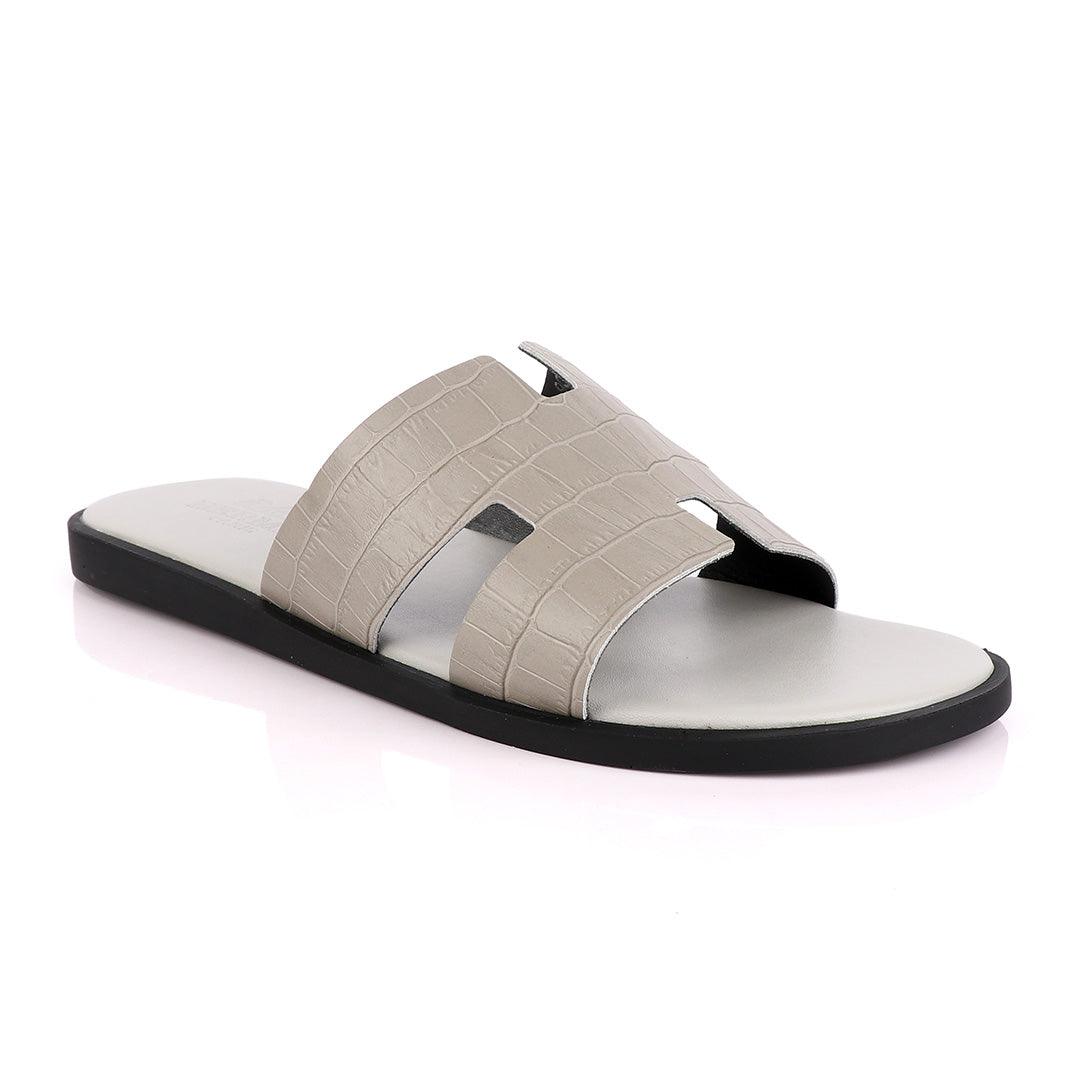 Hermes Paris Grey Croc Patterned Leather Slippers. - Obeezi