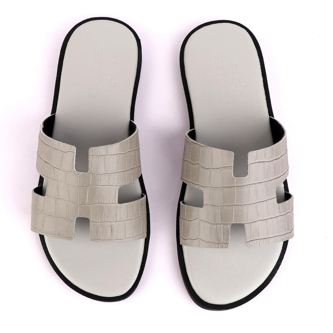 Hermes Paris Grey Croc Patterned Leather Slippers. - Obeezi