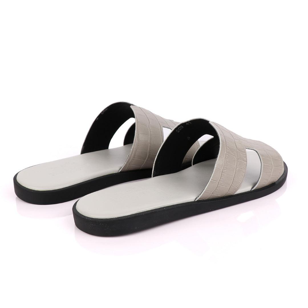 Hermes Paris Grey Croc Patterned Leather Slippers. - Obeezi