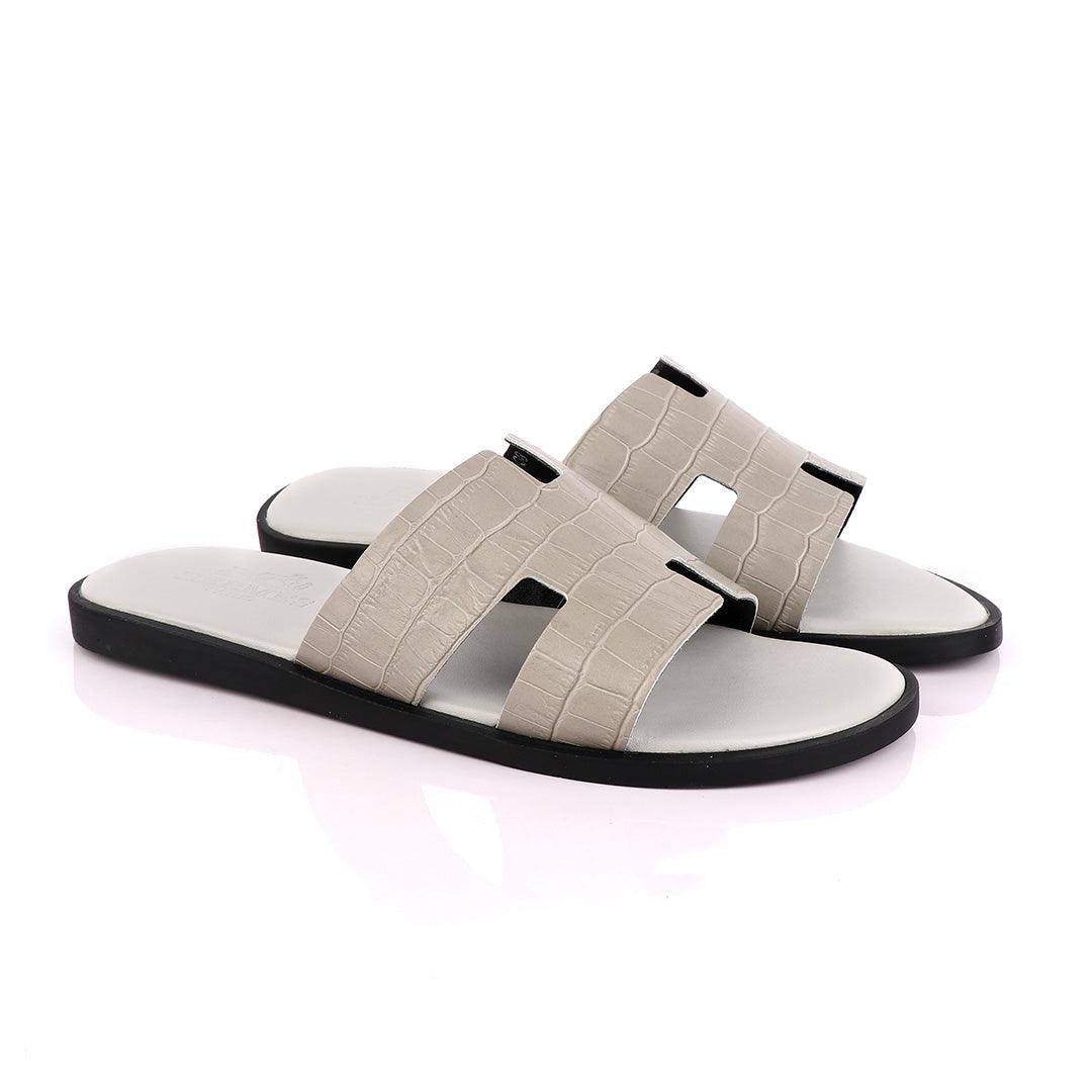 Hermes Paris Grey Croc Patterned Leather Slippers. - Obeezi