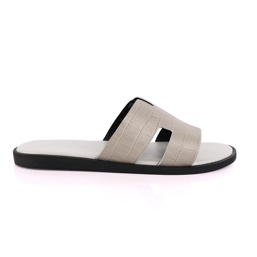 Hermes Paris Grey Croc Patterned Leather Slippers. - Obeezi