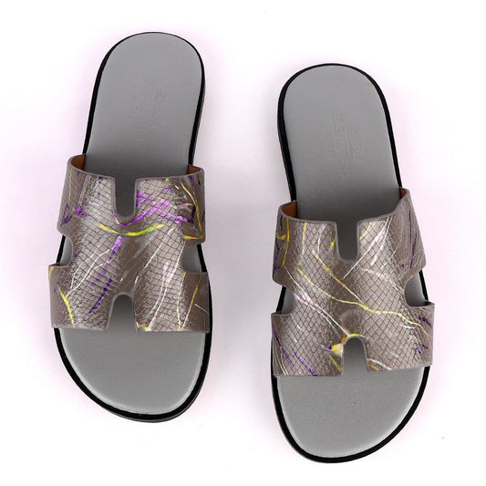 Hermes Paris Grey With Purple and Yellow Design Leather Slippers - Obeezi