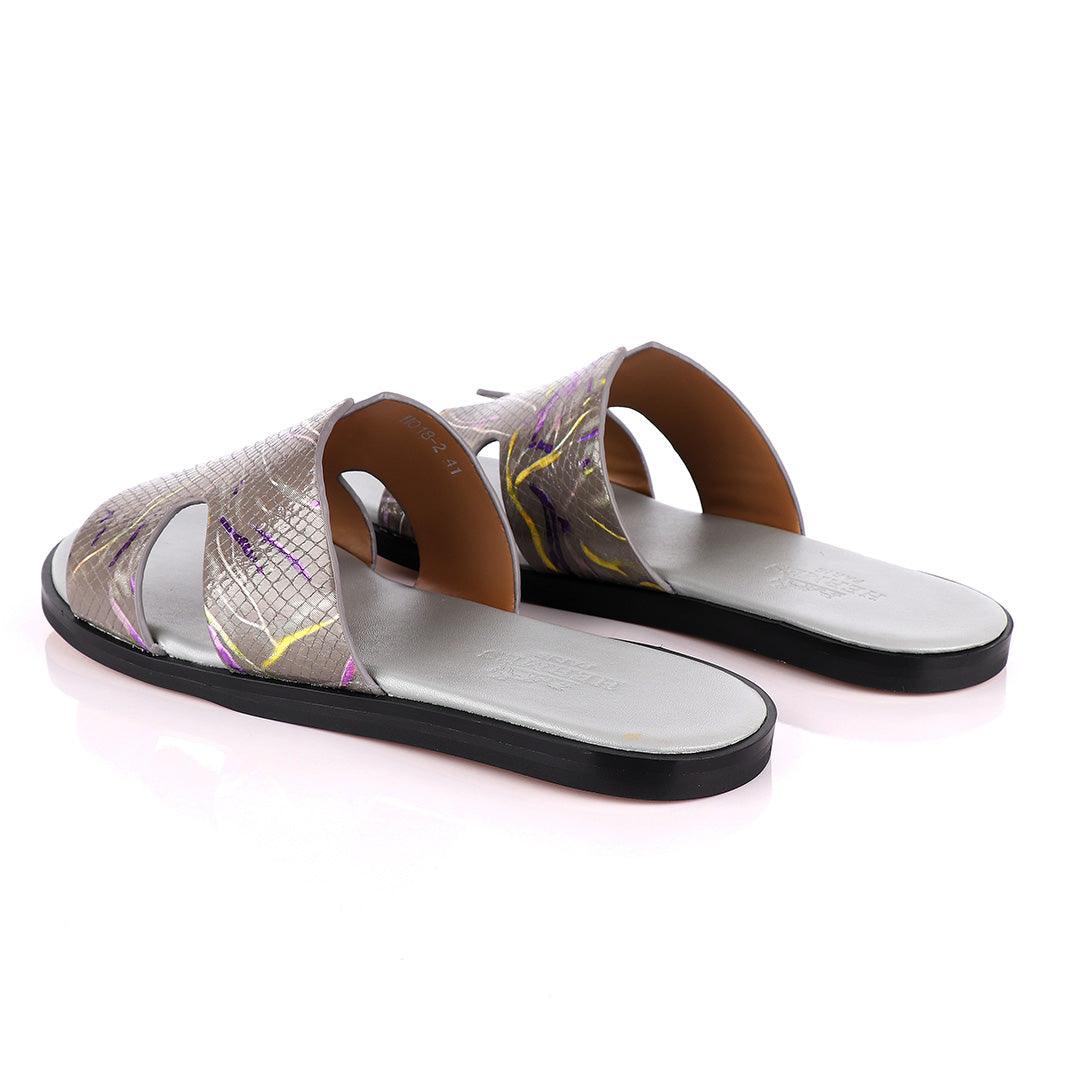 Hermes Paris Grey With Purple and Yellow Design Leather Slippers - Obeezi