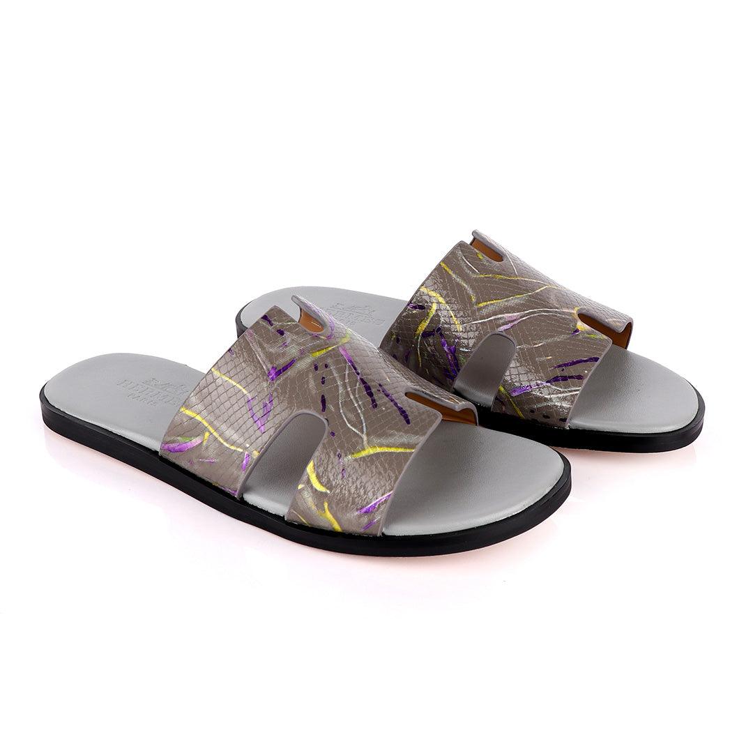 Hermes Paris Grey With Purple and Yellow Design Leather Slippers - Obeezi