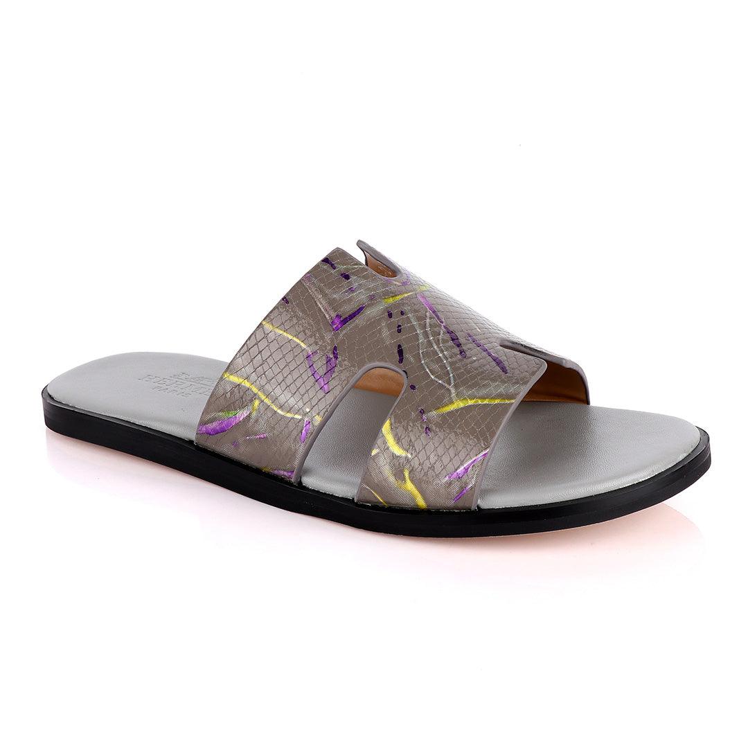 Hermes Paris Grey With Purple and Yellow Design Leather Slippers - Obeezi