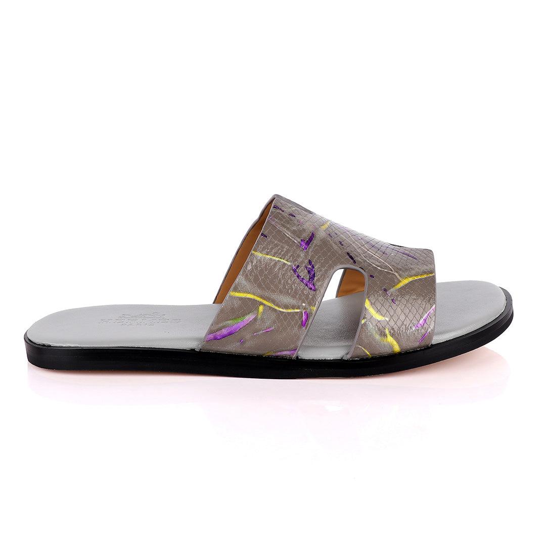 Hermes Paris Grey With Purple and Yellow Design Leather Slippers - Obeezi