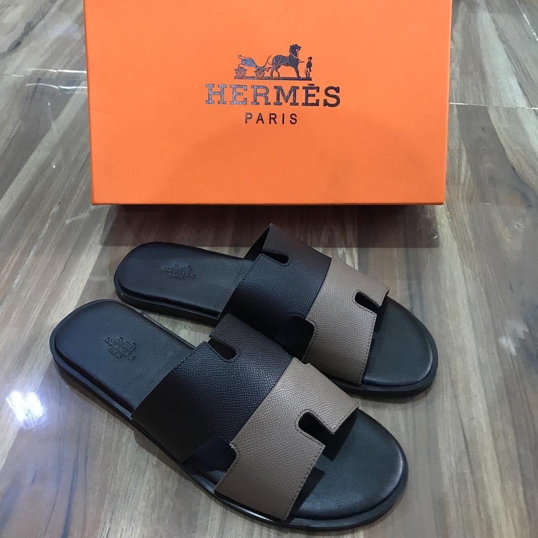 Hermes Paris Men Sandals Izmir Veau Black and Grey - Obeezi