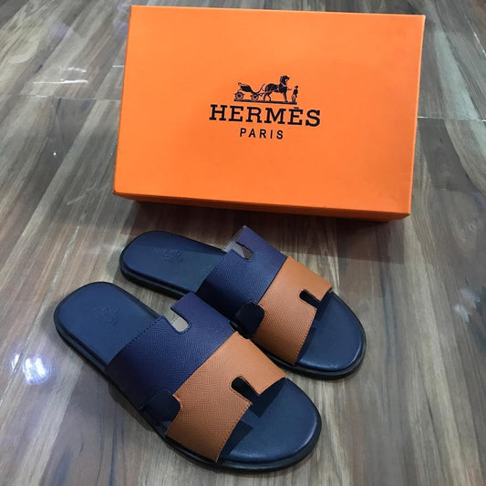 Hermes Paris Men Sandals Izmir Veau Leather Blue and Brown - Obeezi