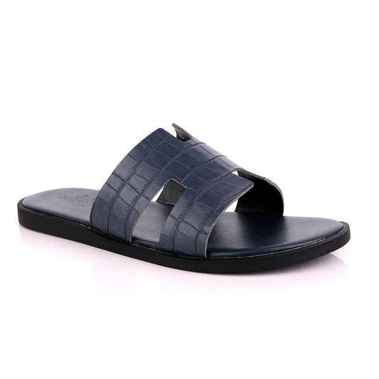 Hermes Paris Navy Blue Croc Patterned Leather Slippers. - Obeezi