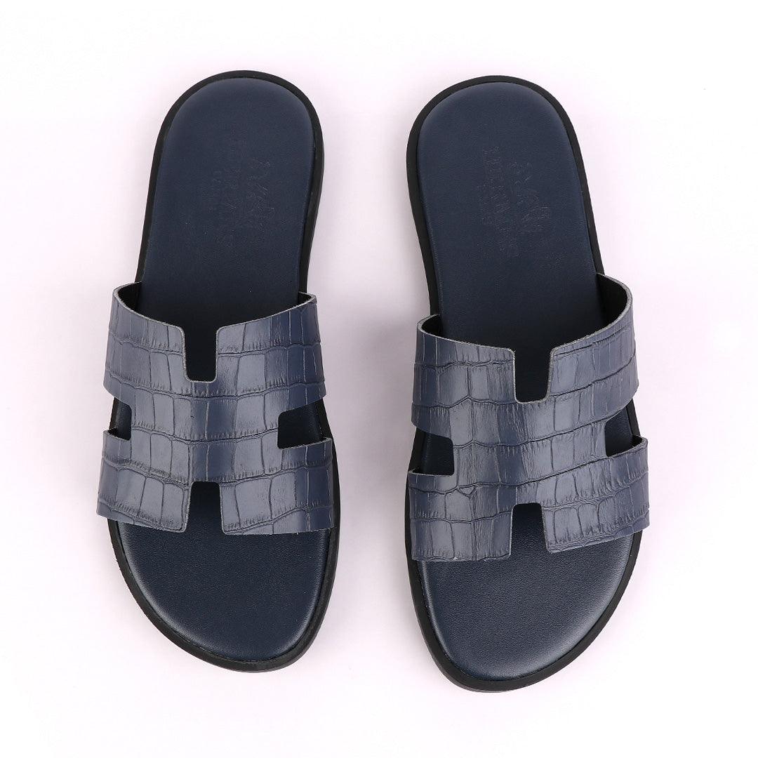 Hermes Paris Navy Blue Croc Patterned Leather Slippers. - Obeezi