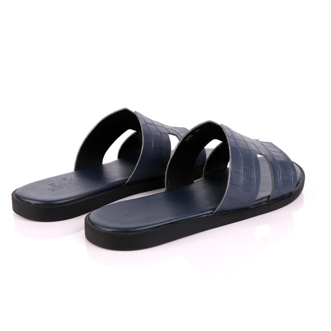 Hermes Paris Navy Blue Croc Patterned Leather Slippers. - Obeezi