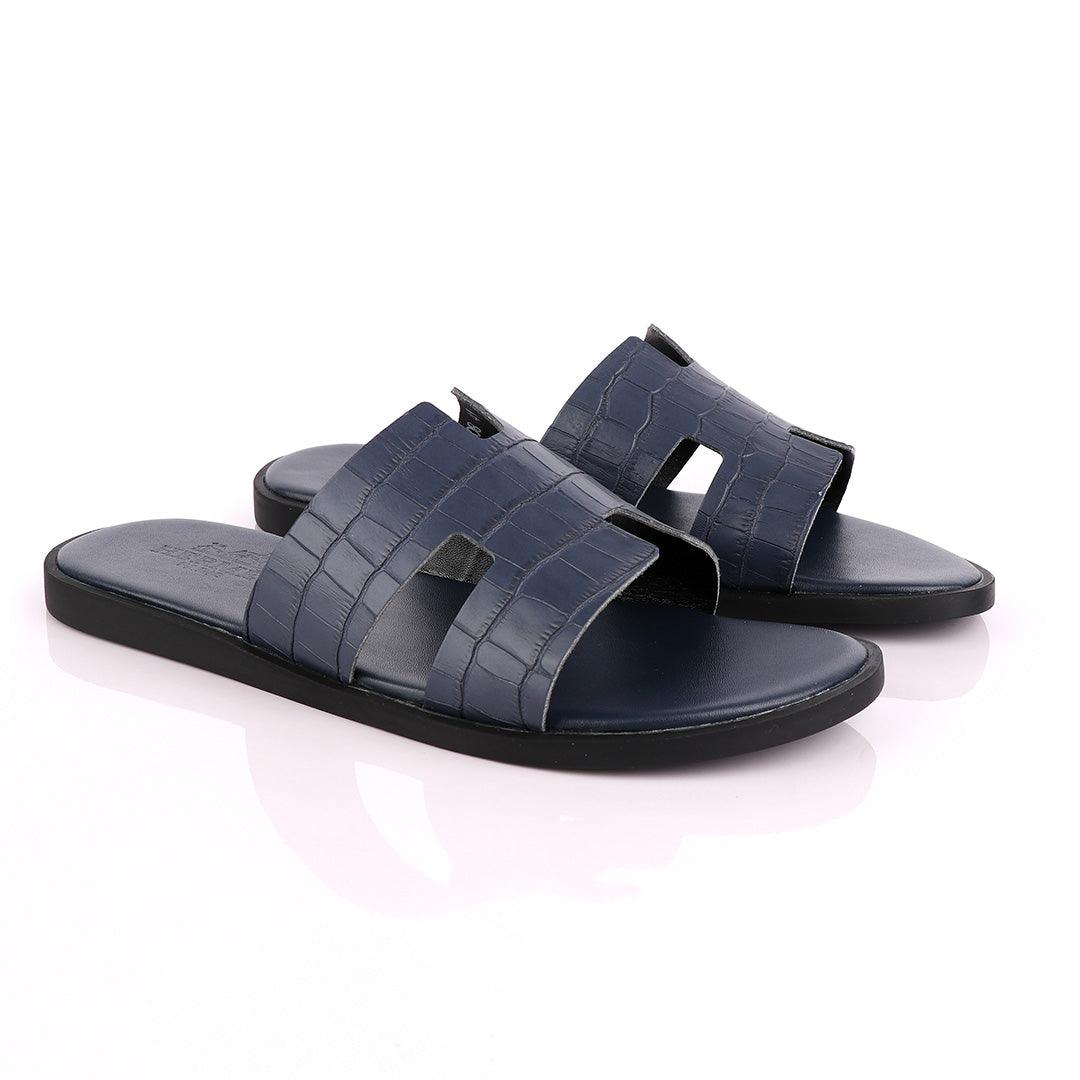 Hermes Paris Navy Blue Croc Patterned Leather Slippers. - Obeezi