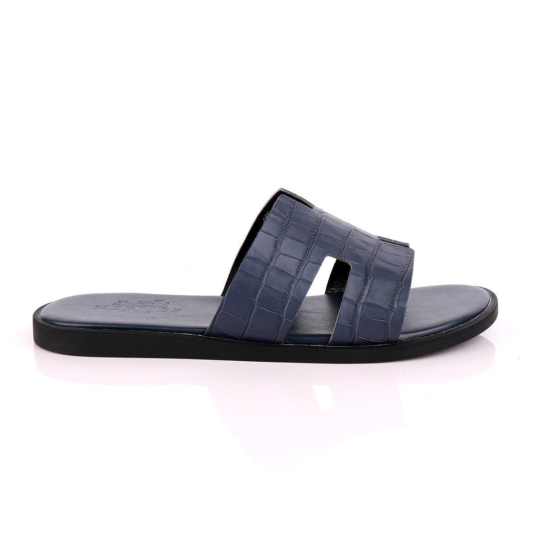 Hermes Paris Navy Blue Croc Patterned Leather Slippers. - Obeezi