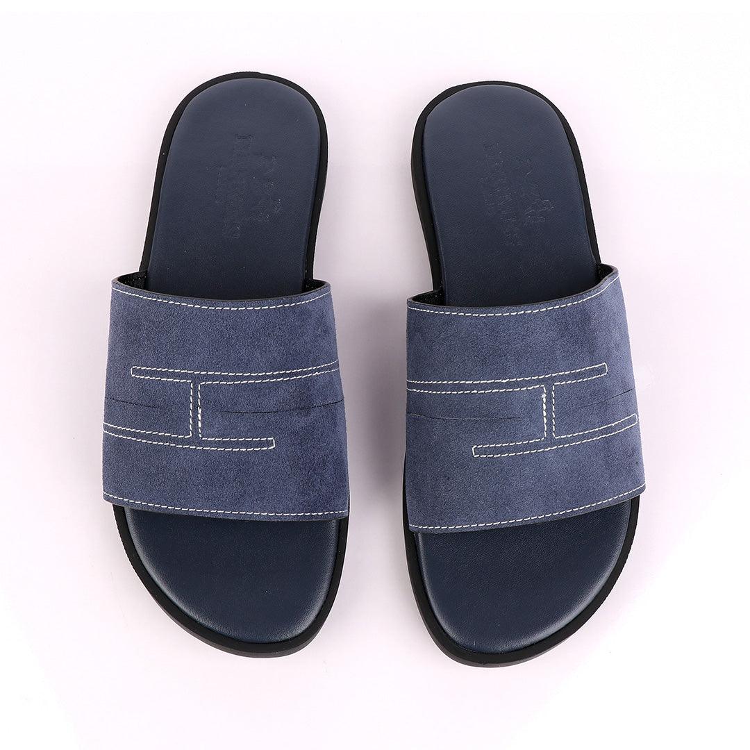 Hermes Paris Navy Blue Suede Top Slippers. - Obeezi