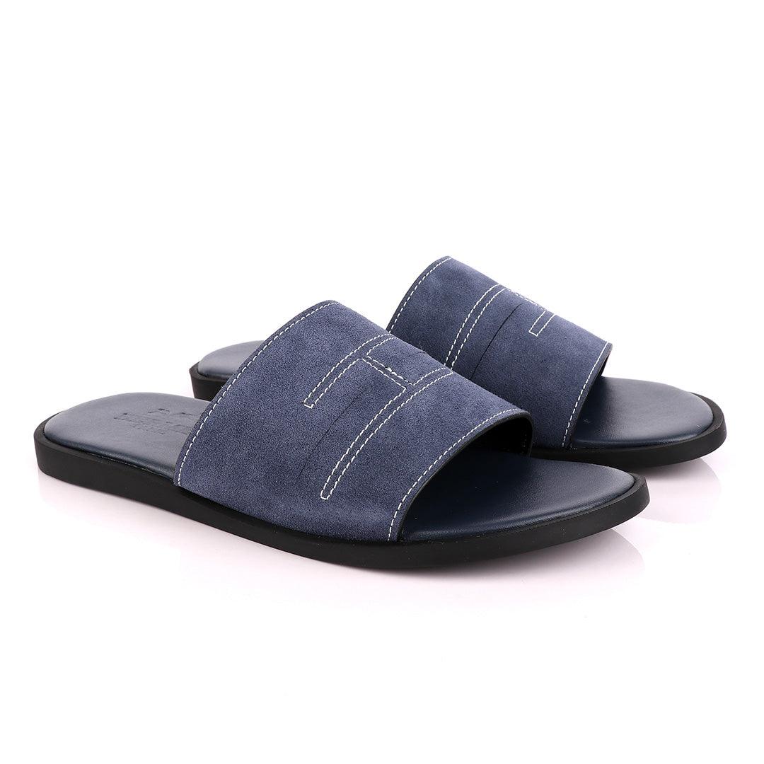Hermes Paris Navy Blue Suede Top Slippers. - Obeezi