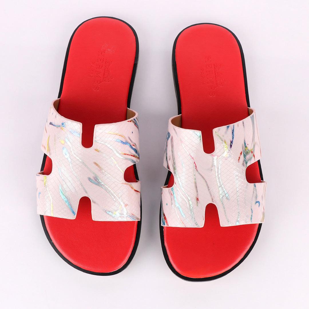 Hermes Paris Pink With Multi-colour Shining Leather Slippers - Obeezi