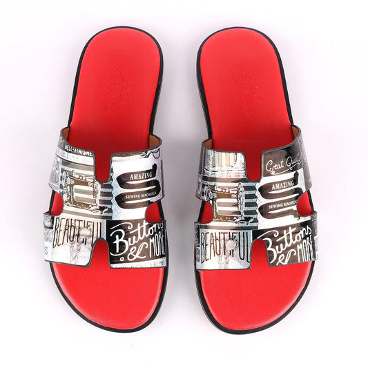 Hermes Paris Silver With Black Design and Red Foot Lay Leather Slippers - Obeezi