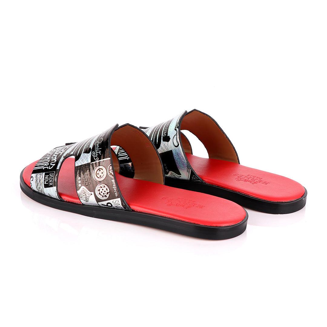 Hermes Paris Silver With Black Design and Red Foot Lay Leather Slippers - Obeezi