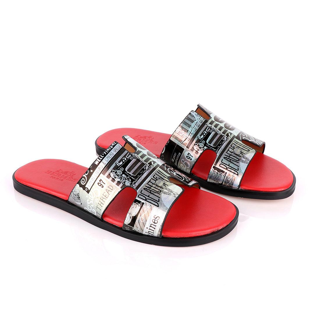 Hermes Paris Silver With Black Design and Red Foot Lay Leather Slippers - Obeezi