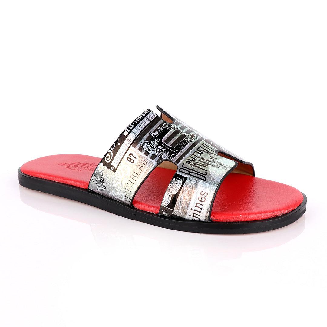 Hermes Paris Silver With Black Design and Red Foot Lay Leather Slippers - Obeezi
