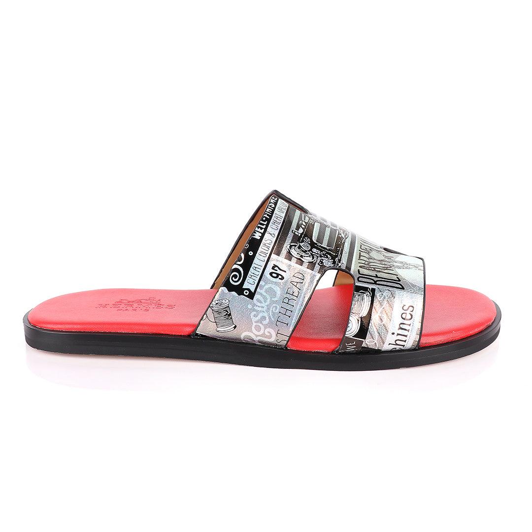 Hermes Paris Silver With Black Design and Red Foot Lay Leather Slippers - Obeezi