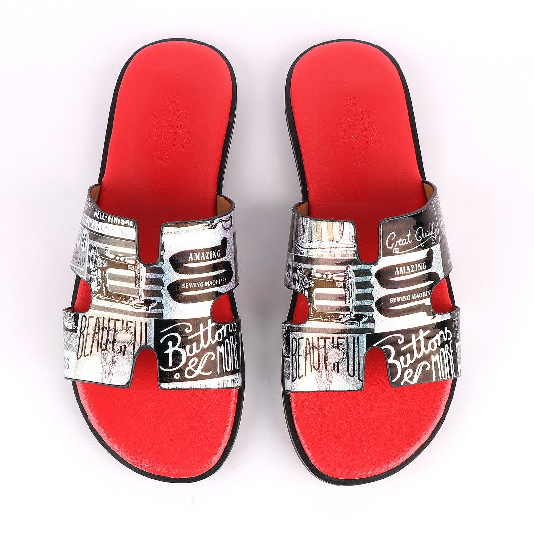 Hermes Paris Silver With Black Design and Red Foot Lay Leather Slippers - Obeezi