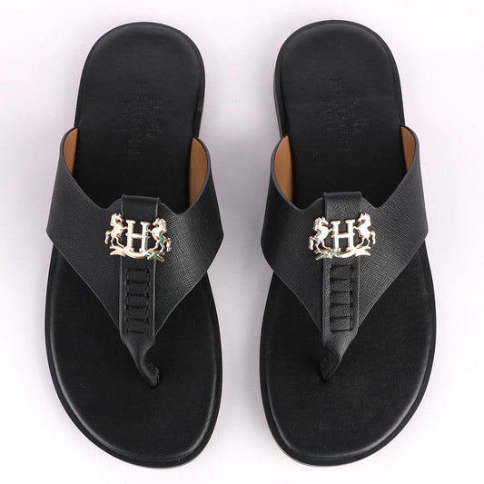 Hermes Paris With Logo Black Leather Slippers - Obeezi